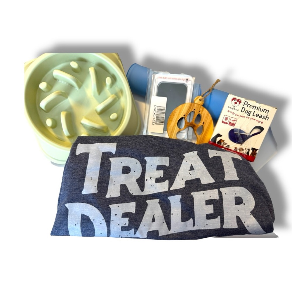 Dog Lovers Bundle- slow feeder bowl, treat dealer shirt xl, dog leash & more